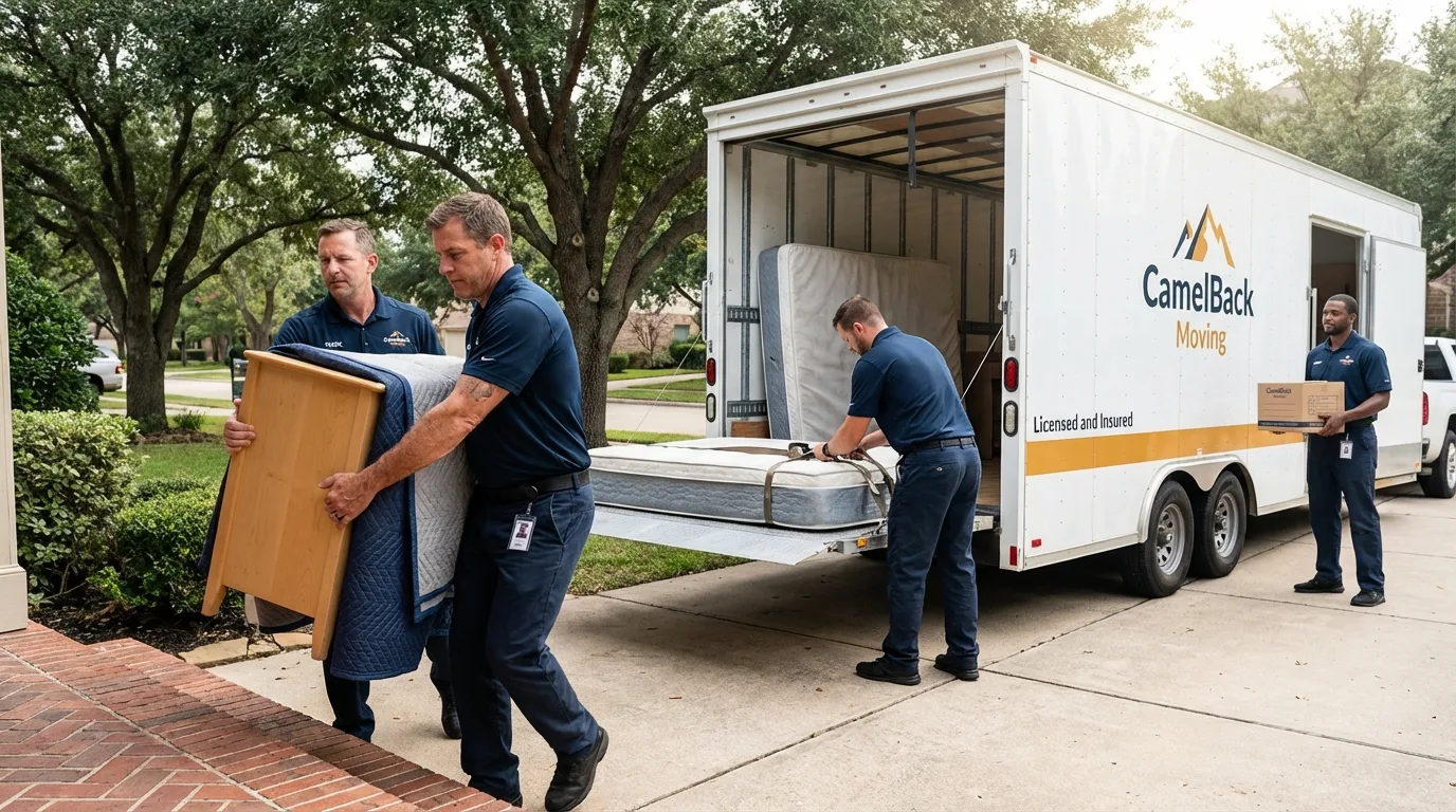Crew loading residential truck for cross-state move from Camp Point, IL