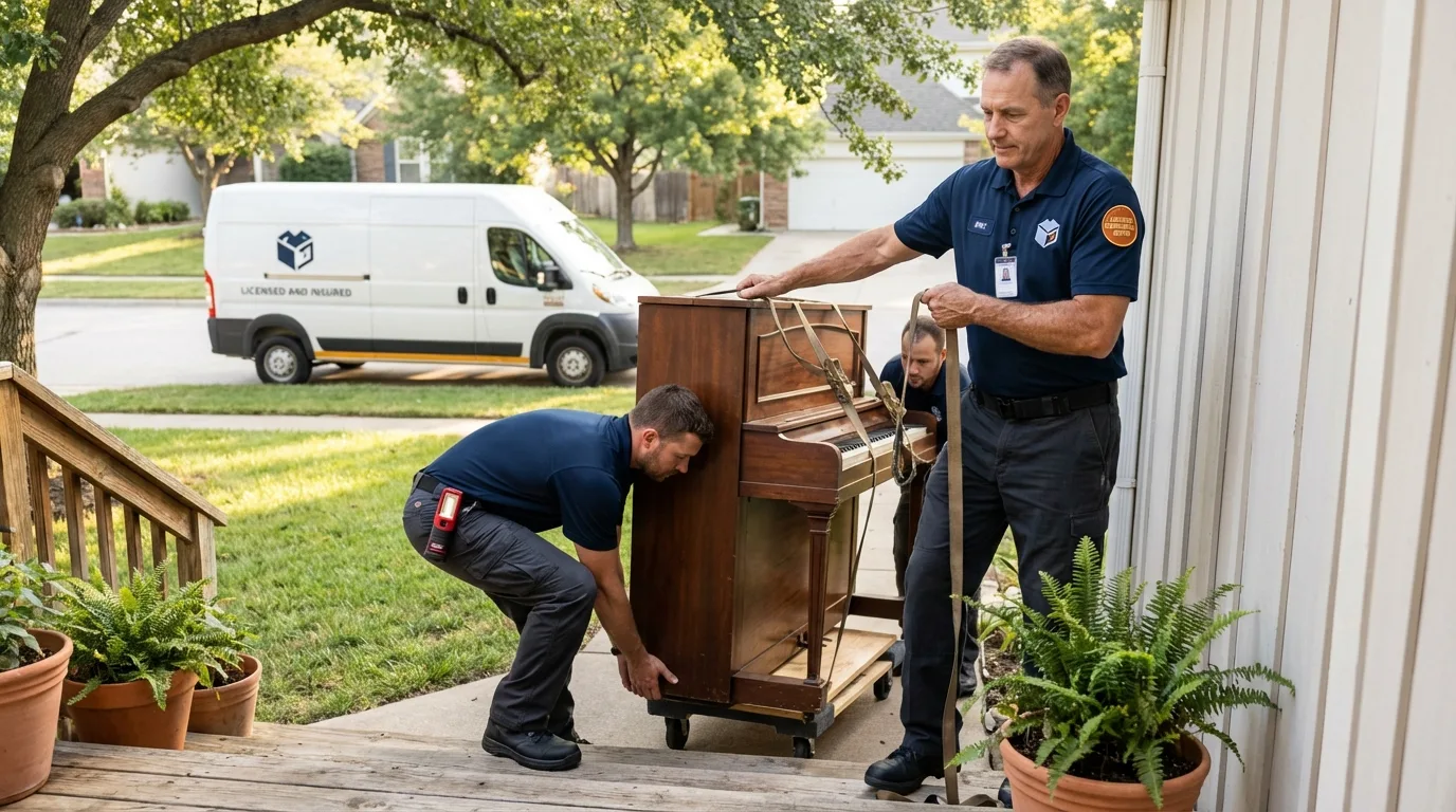 Licensed piano movers securing grand piano in Camp Point, IL