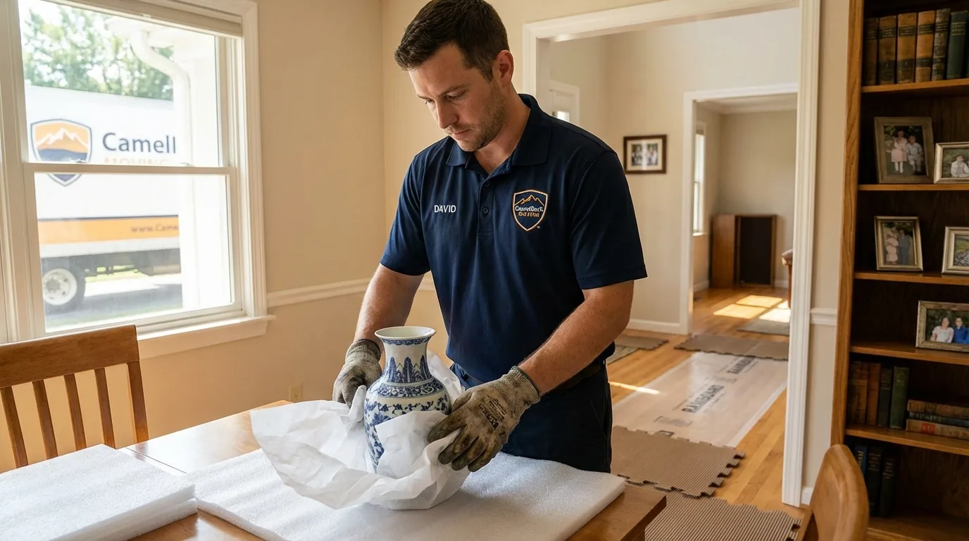 Professional crew carefully wrapping antique vase for senior downsizing move in Camp Point, IL